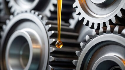 Close-up of metal gears with a droplet of oil, showcasing industrial machinery and lubrication processes.