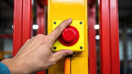 Close-up of a hand pressing a red button on a control panel with vibrant yellow and red framing in an industrial setting.
