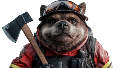 Firefighter Raccoon: A brave and courageous raccoon in firefighter attire holds a fireman axe, demonstrating strength and resilience in the face of danger.  