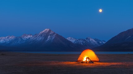 Serene Camping Scene with Glowing Tent and Moonlit Mountains