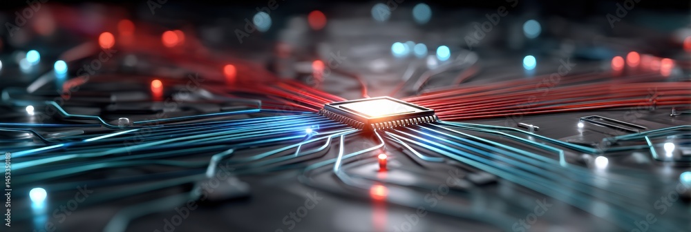 Aufkleber AI Chip at the Center Surrounded by Red and Blue Cables in a Struggle for Control Over Technology Systems Generative AI