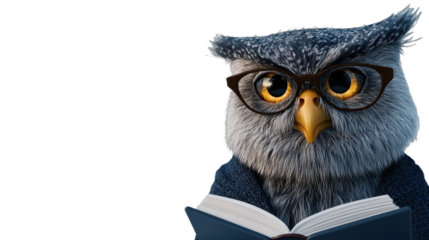 A wise owl wearing glasses, reading a book and looking curious and intelligent. transparent background