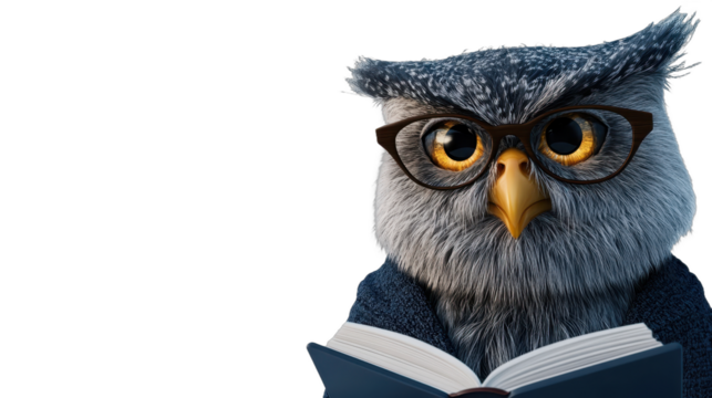 A wise owl wearing glasses, reading a book and looking curious and intelligent. transparent background