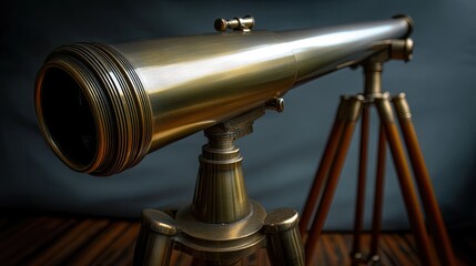 Vintage Telescope on Tripod: An antique brass telescope stands prominently on a wooden tripod. Capturing a timeless essence of exploration and scientific curiosity.