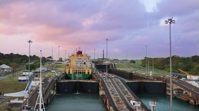 Panama Canal with locks connecting Atlantic and Pacific for global commerce shipments navigation
