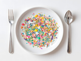 plate with microplastics on white background.