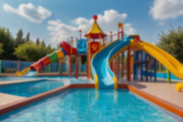 Naklejka premium children's slide in swimming pool blur, sunny weather outdoors, no people, children's swimming pool with games, blurred pool background