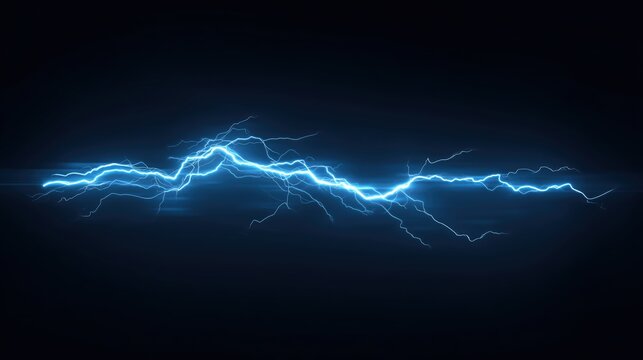 Electric blue lightning bolts with dynamic thunder strikes on dark backdrop, high-voltage energy concept illustration with vivid electric discharge effects and glowing plasma currents, sharp vector de