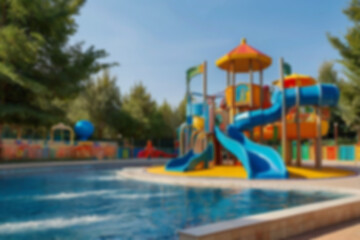 children's slide in swimming pool blur, sunny weather outdoors, no people, children's swimming pool with games, blurred pool background