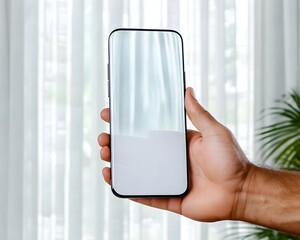 Hand holding smartphone displaying a reflection of a sheer curtain