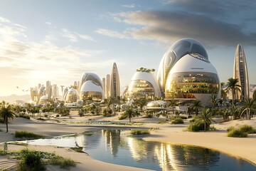 Futuristic Cityscape Architecture, Desert Oasis, Palm Trees, Reflected In Water
