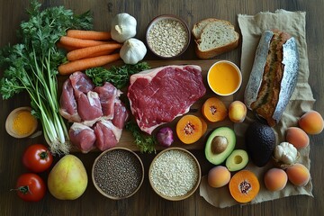 A variety of fresh, colorful fruits and vegetables including carrots, avocados, tomatoes, herbs, garlicscape on wooden table with whole pieces of meat like steaks or fish next to it