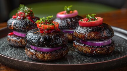 Naklejka premium Mini sliders arranged neatly on a platter. HD 8K wallpaper Photographic Image