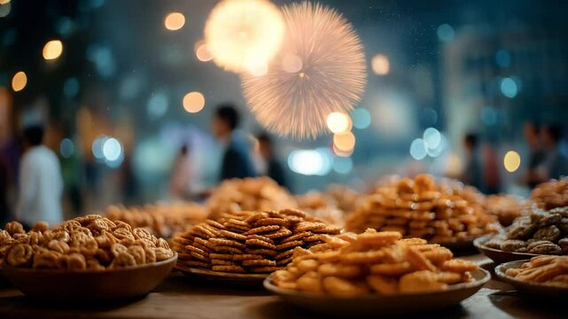 Delicious golden brown treats in rustic bowls at a nighttime market, vibrant fireworks bokeh in the background. Festive atmosphere.