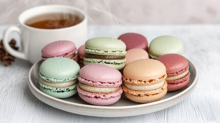 Obraz premium Colorful Macarons on Plate with Cup of Tea and Steam Rising