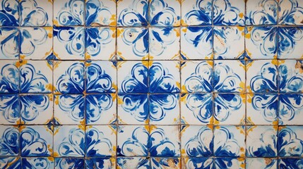 A detailed view of old, decorative blue and white patterned tiles.