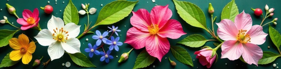 Diverse collection of aromatic wild herbs and delicate blossoms, red, wild