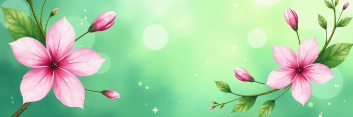 Fototapeta premium Delicate watercolor pink & white blossoms on a vibrant green background A charming floral pattern , spring, delicate