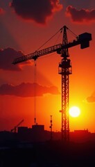 Obraz premium Silhouetted crane against fiery sunset, construction site , sunset, shadow, heavy equipment