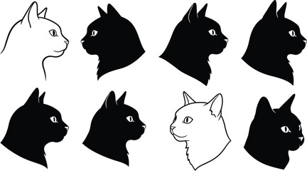 Cat silhouettes in profile vector set with black and white colors for design and decoration purposes 