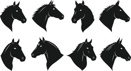 Horse head silhouettes vector set with various poses and simple black design for graphic projects and illustrations 