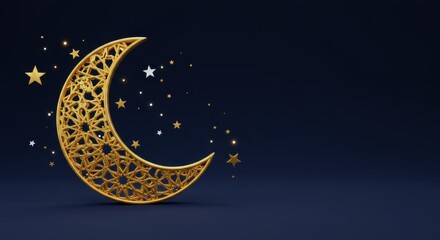 Fototapeta premium Elegant Golden Crescent Moon with Stars: Ramadan Kareem Festive Background Design