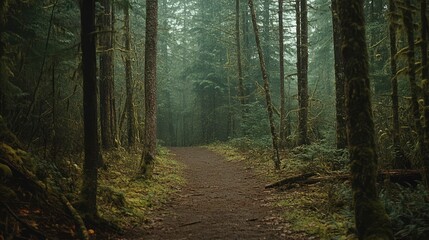 Fototapeta premium Eerie forest path under mist provides a sense of tranquility.