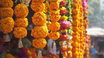 Close-up of vivid marigold garlands, a tradition for celebrations.