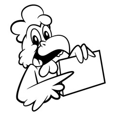 Funny rooster cartoon characters, pointing a signboard with its fingers. best for outline, logo, and coloring book with fast food restaurant themes