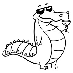 Funny Saltwater crocodiles cartoon characters drinking cocktails at the beach. Best for outline, logo, and coloring book with summer themes