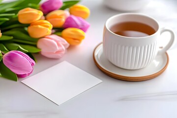 A cup of tea a bouquet of tulips and a blank note rest on a marble surface  Perfect for a relaxing moment