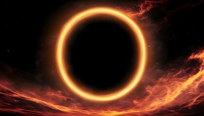 A glowing orange ring against a backdrop of dark clouds and stars