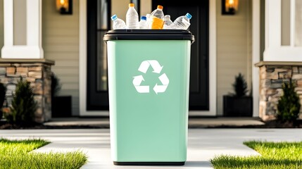 A light-green recycling bin overflowing with plastic bottles sits on a residential walkway