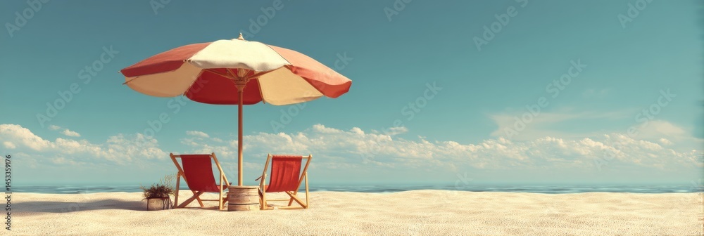 Poster beach umbrella and chairs on sandy shore create perfect summer vacation setting for relaxation and f