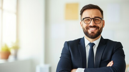 Fototapeta premium Crafting a Winning Resume for Job Success and Salary Growth, Professional man smiling confidently in a modern office setting.