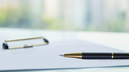 Crafting a Winning Resume for Job Success and Salary Growth, A pen and clip on a desk with a blurred background, suggesting a workspace ambiance.
