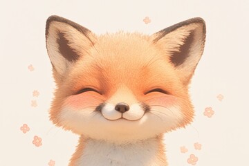 Obraz premium Cheerful cartoon fox smiling with eyes closed among tiny floral ornaments