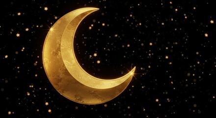 Naklejka premium Golden Crescent Moon in a Starry Night Celestial Art Design, Ramadan Kareem, Eid Mubarak Celebration