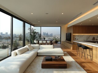 Modern penthouse living area with panoramic city views.