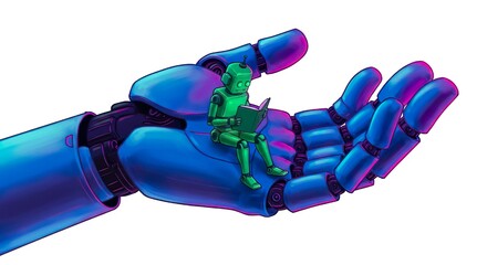 Neon hands, a robotic hand made of shiny metal, in neon colors, holds a robot reading a book in the palm of its hand.
