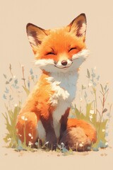 Fototapeta premium Cheerful fox sits happily in a field, with a soft, painterly texture