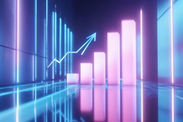 Envision a futuristic financial growth chart showcased through a glowing white bar graph,