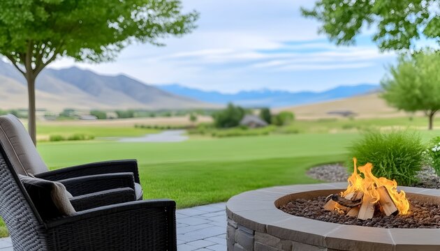 Relaxing patio scene with fire pit, overlooking a scenic green valley and distant mountains on a partly cloudy day