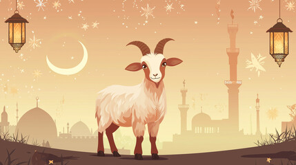 Eid Adha Poster with White Goat and Mosque Background in Soft Brown Tones, Crescent Moon and Stars for Islamic Celebration Design