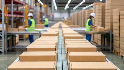 Pharma production line with cardboard boxes moving on conveyor belt in warehouse while workers in safety vests handle packaging tasks