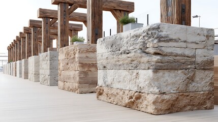 Fototapeta premium Modern Architectural Design Rustic Wood Pergola with Textured Stone Blocks and Wooden Deck