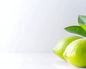 Two vibrant green limes with lush leaves against a bright white backdrop