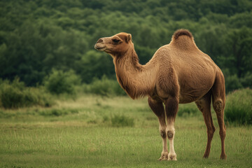 Camel Standing Still on Green Grassland with Forest Backdrop