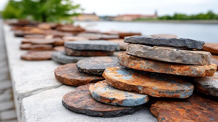 Stack of Rustic Weathered Stone Tiles Outdoors near Water Architectural Detail