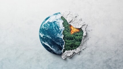 Earth with forest fire torn from globe